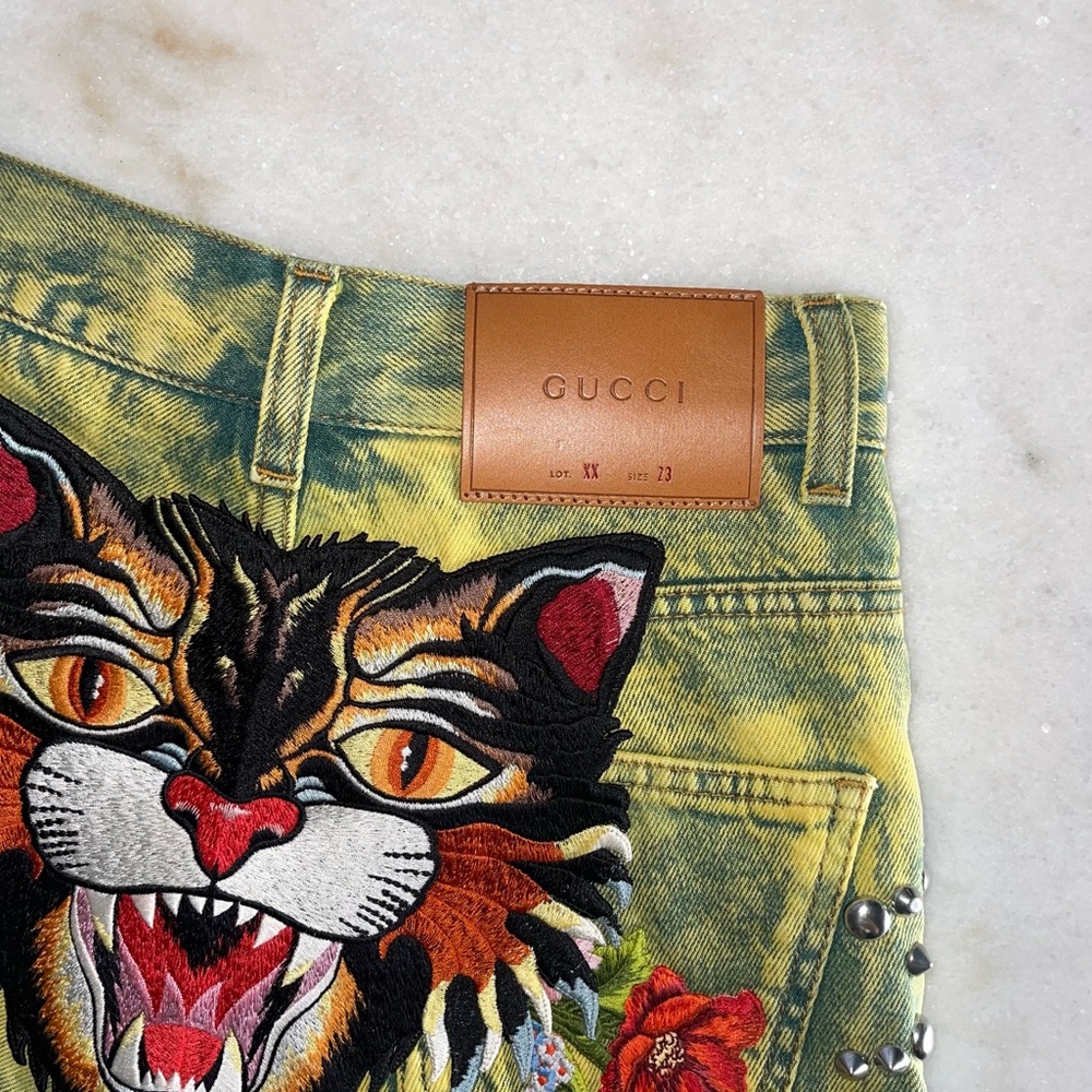 Gucci Washed Studded And Tiger Embroidered Denim Shorts in Green/Yellow - Picture 9 of 13